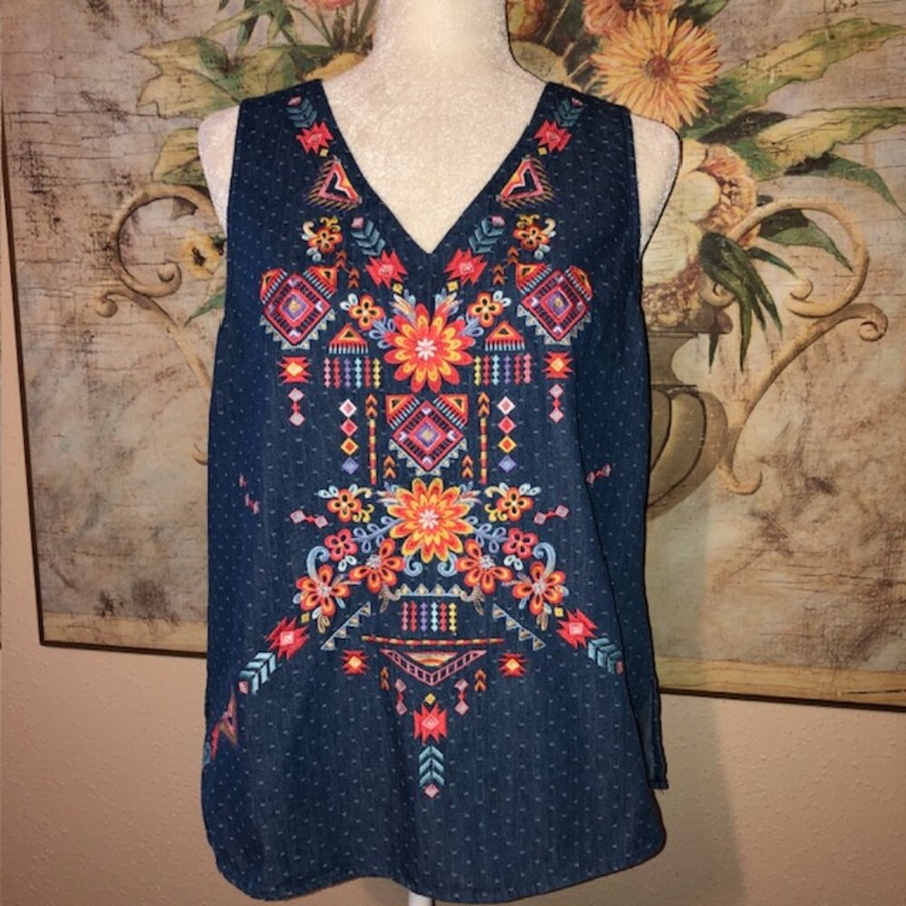 Sz L Andree by Unit V-neck Embroidered Denim Sleeveless Shirt